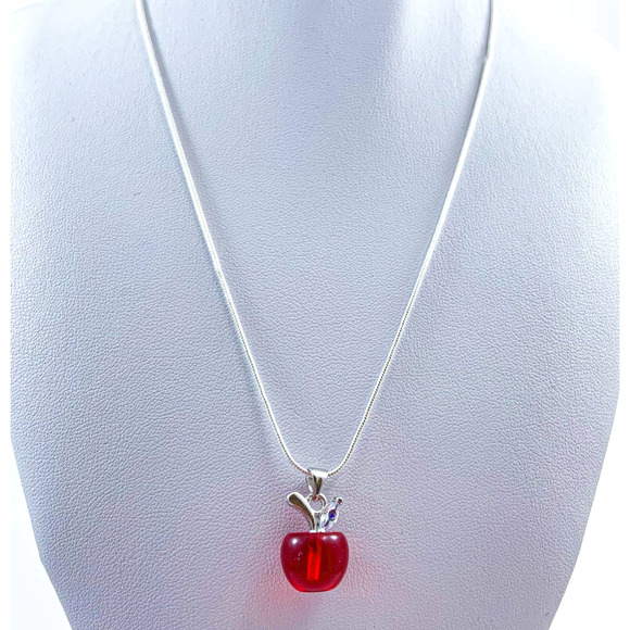 Red Glass Apple Pendant with Rhinestone Leaf - Sterling Silver Plated Chain - Picture 3 of 8